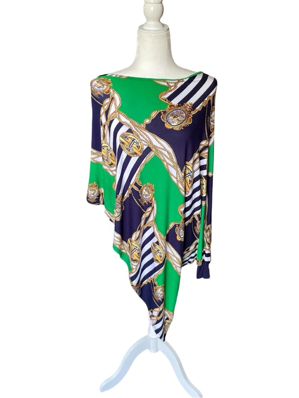 Voom by Joy Han U.S.A. Asymmetrical Poncho Rope Chain Print Top Size Medium